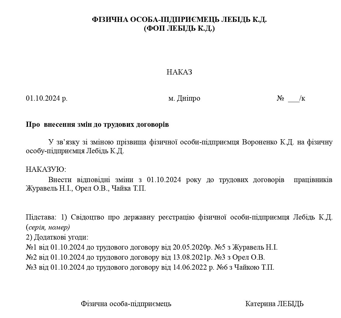 Наказ про внесення змін до трудових договорів працівників